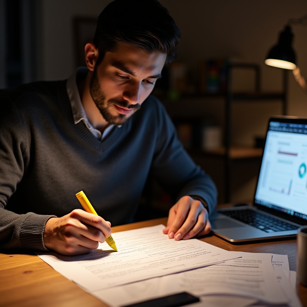A young man reviewing a printed backlink audit report at a warm-lit desk, highlighter in hand, focused expression, home office setting