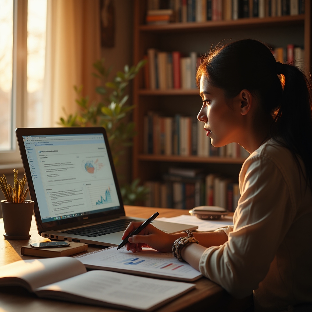 A researcher reviewing backlink data on a warm-lit desk with notebooks and a laptop