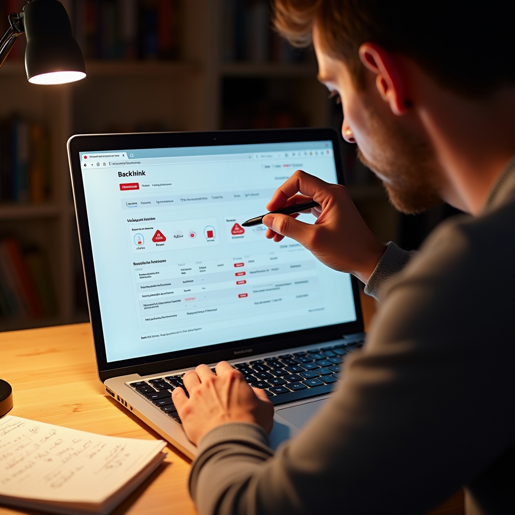 A monitor displaying a backlink audit tool with red warning indicators, viewed from slightly above in warm ambient light